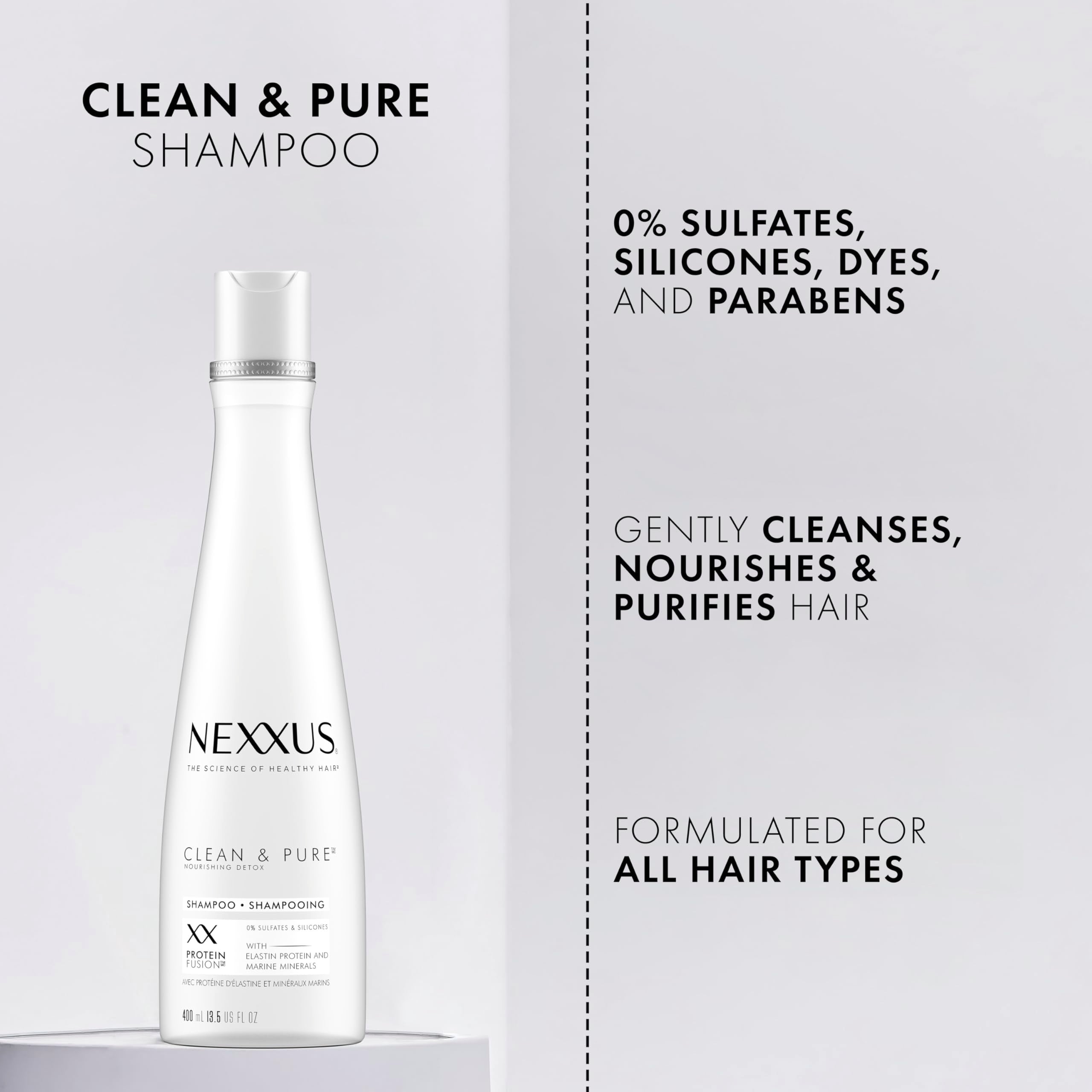 Nexxus Limpio y Puro champú sin siliconas ni parabenos envase claro