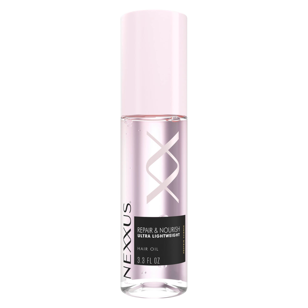 Nexxus Styling Hair Oil derrame en botella para un acabado suave y satinado.