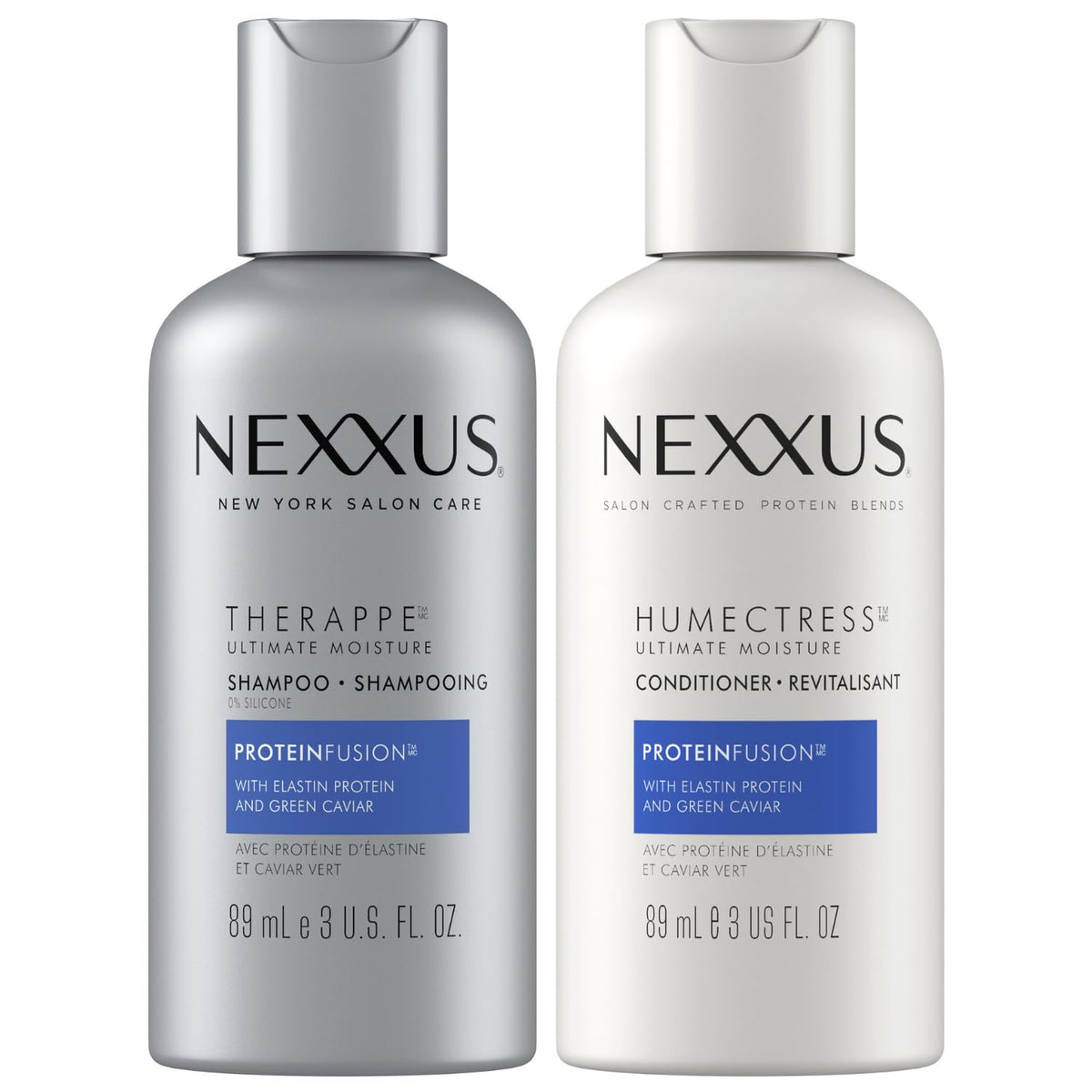 Nexxus Therappe Champú vertiendo de botella, hidratación duradera para cabello seco