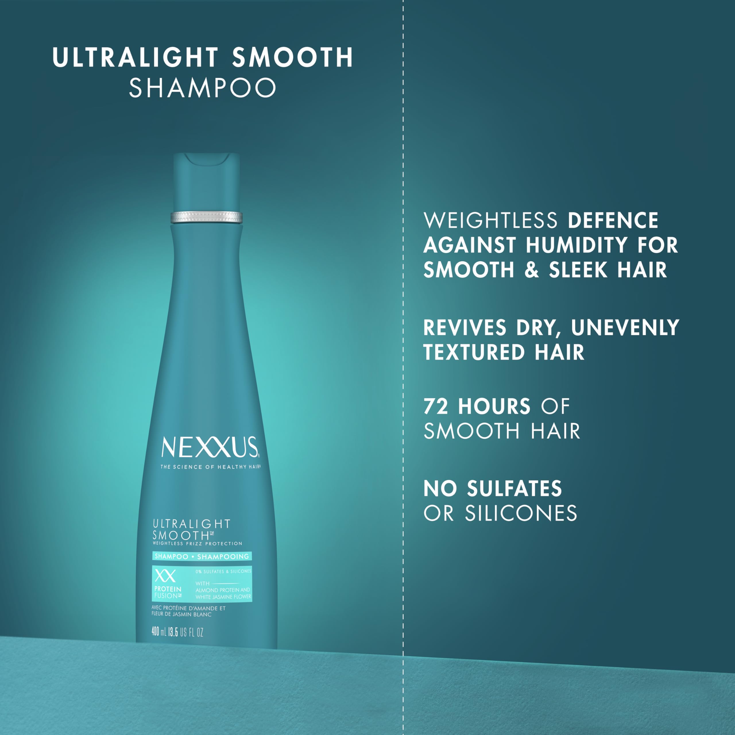 Nexxus Ultralight Smooth Shampoo, etiqueta frontal, destaca fórmula libre de sulfatos y siliconas.