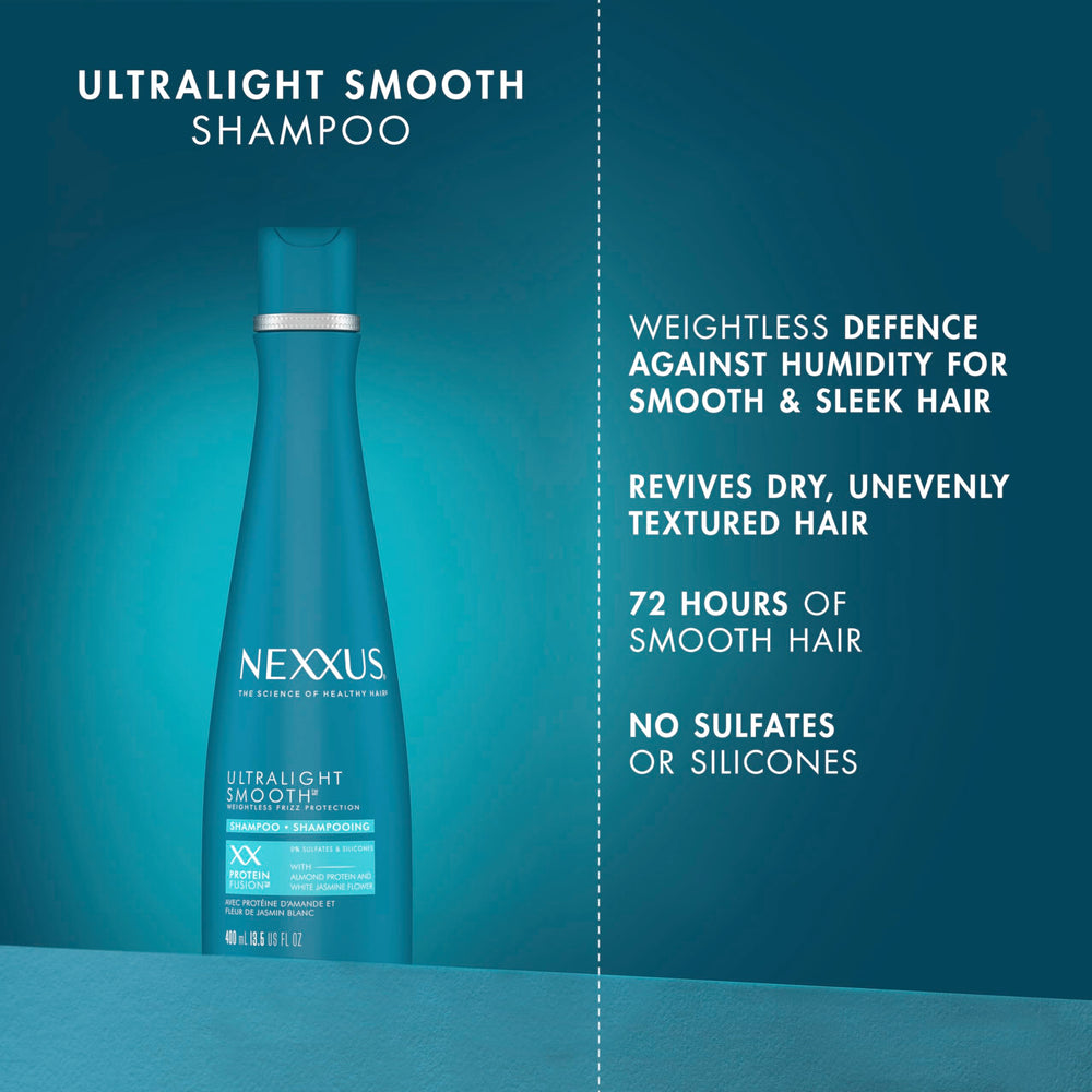 Nexxus Ultralight Smooth Shampoo, etiqueta frontal, destaca fórmula libre de sulfatos y siliconas.
