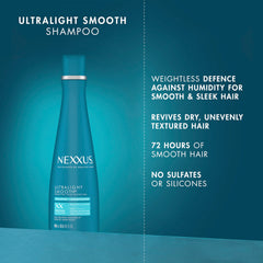 Nexxus Ultralight Smooth Shampoo, etiqueta frontal, destaca fórmula libre de sulfatos y siliconas.