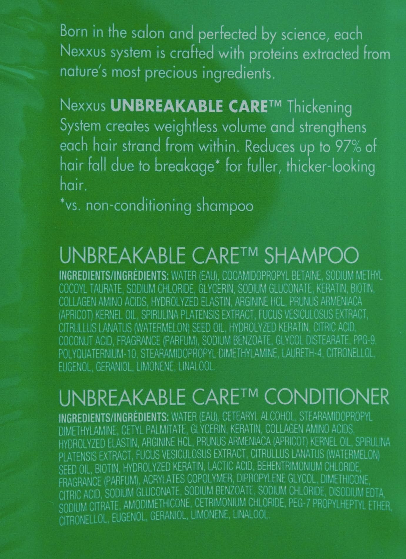 Nexxus Unbreakable Care conditioner bottle pump enabling easy detangling.