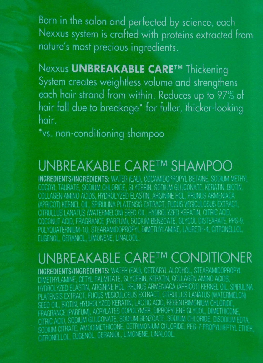 Nexxus Unbreakable Care conditioner bottle pump enabling easy detangling.