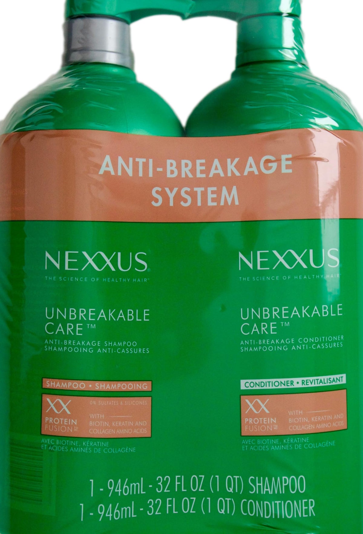Nexxus Unbreakable Care shampoo bottle pouring for smoother, stronger hair.
