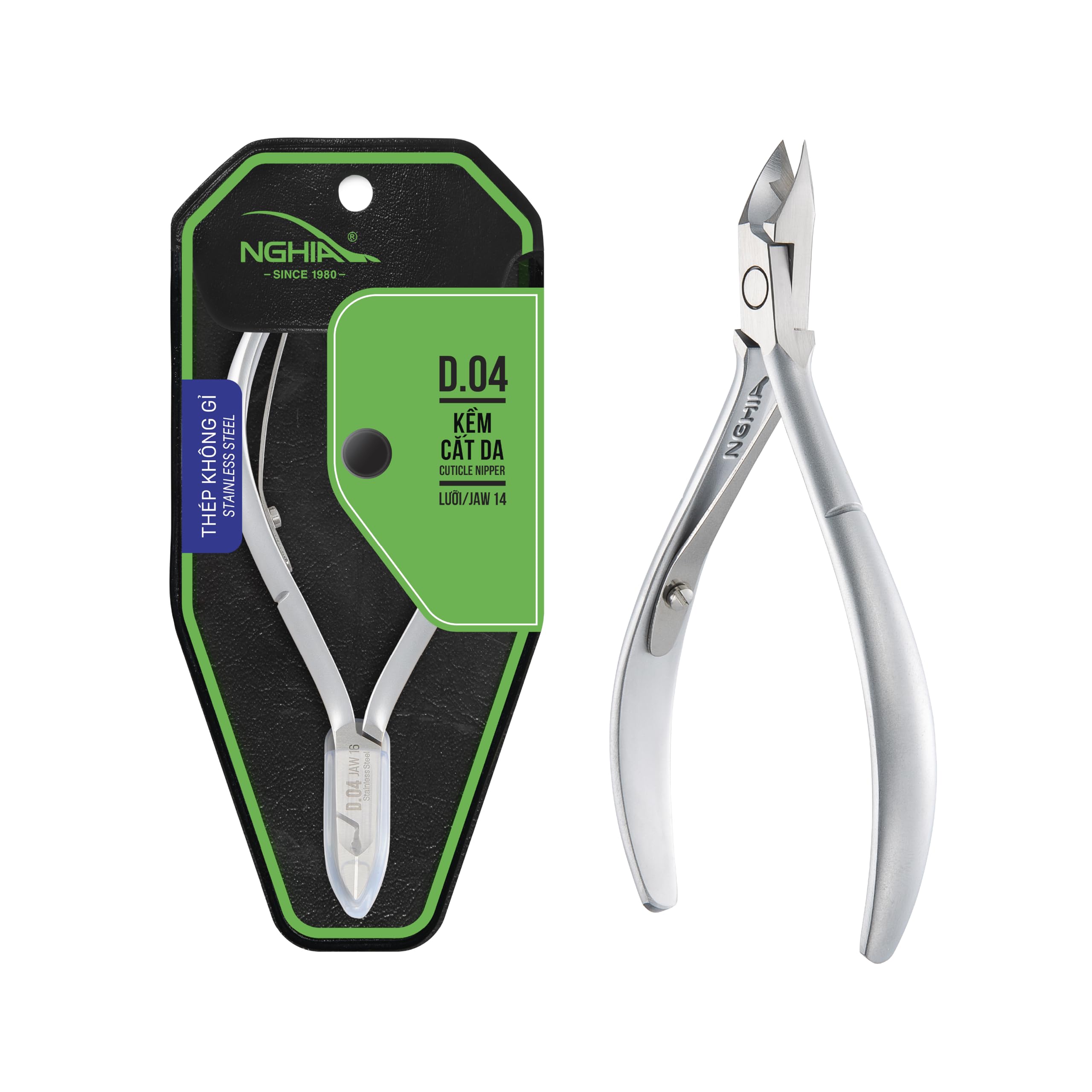 NGHIA Cuticle Nipper D-04 JAW 14 front view showing ergonomic grip for precise cuticle work