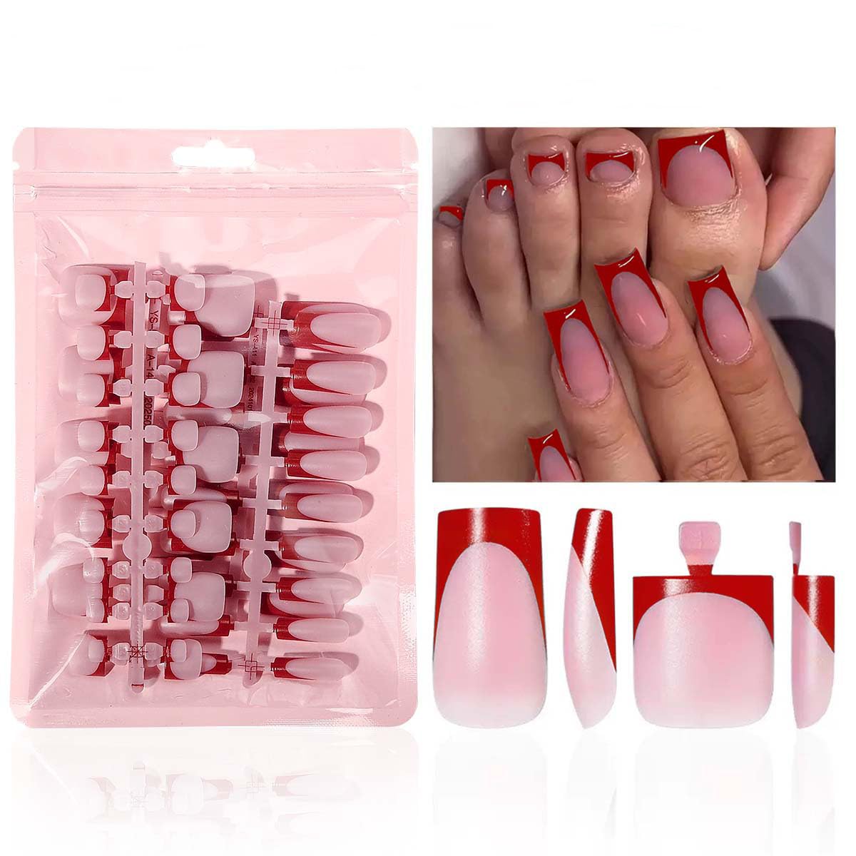 NHIXK red French tip square press-on nails for quick at-home manicure