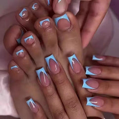 NHIXK uñas frances azul con corte estándar, fácil combinar.