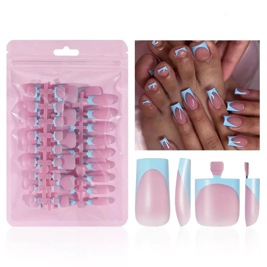 NHIXK uñas postizas media cuadradas frances azul para estilo inmediato.