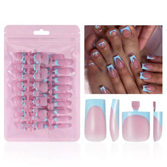 NHIXK uñas postizas media cuadradas frances azul para estilo inmediato.