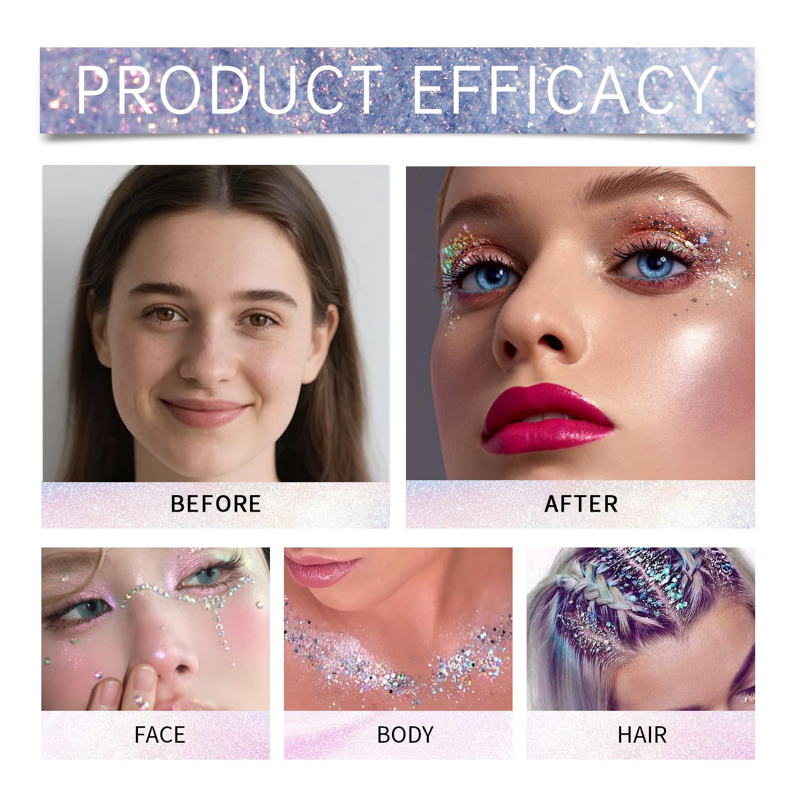 NHIYQF versatile glitter for face, body, eyes, hair, and lips.