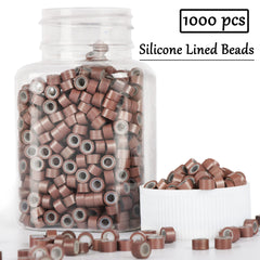Closeup of NIACONN brown tinsel hair extension beads with silicone lining for comfort