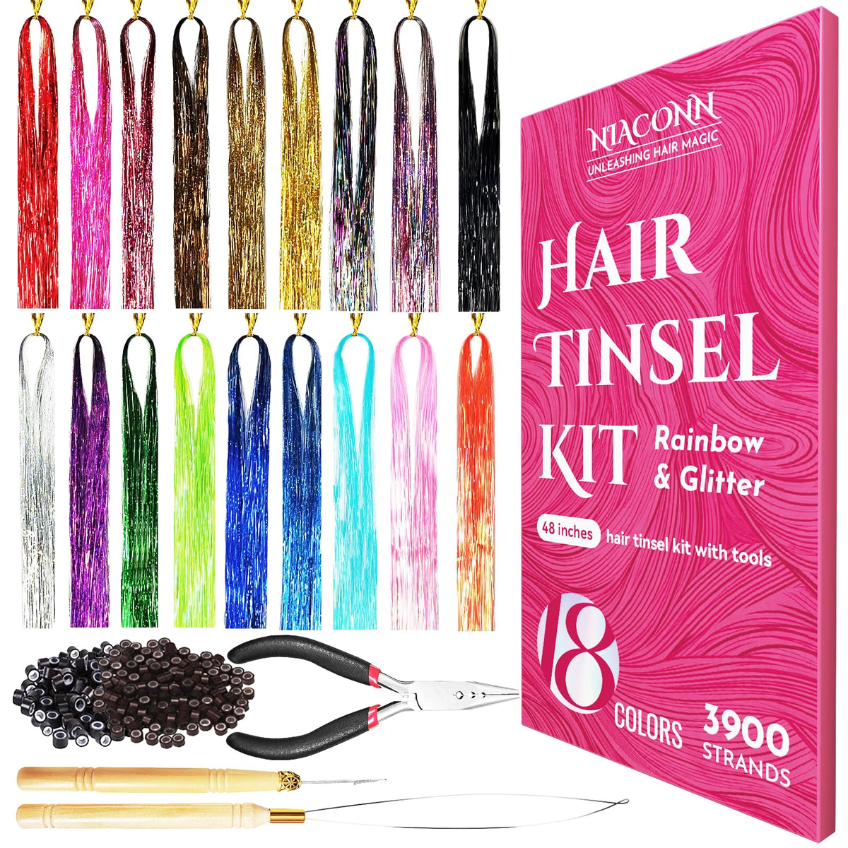 NIACONN glitter hair tinsel kit with colorful strands for instant sparkle.