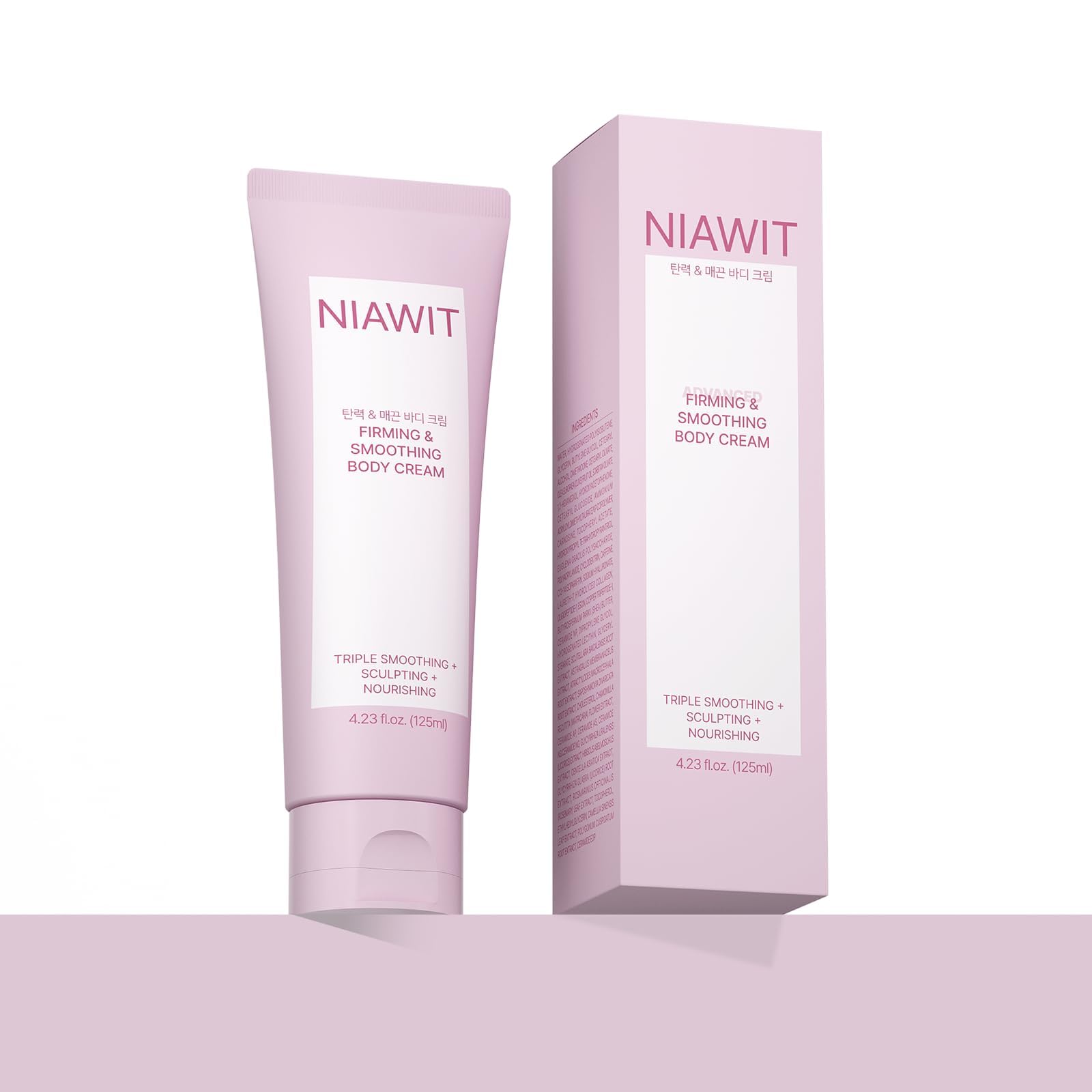 NIAWIT Firming Smoothing bottle closeup shows quick absorption for daily use.