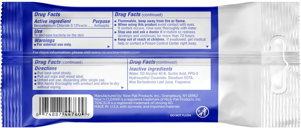Nice 'N Clean aloe-vitamin-e wipe close-up shows moisturizing formula