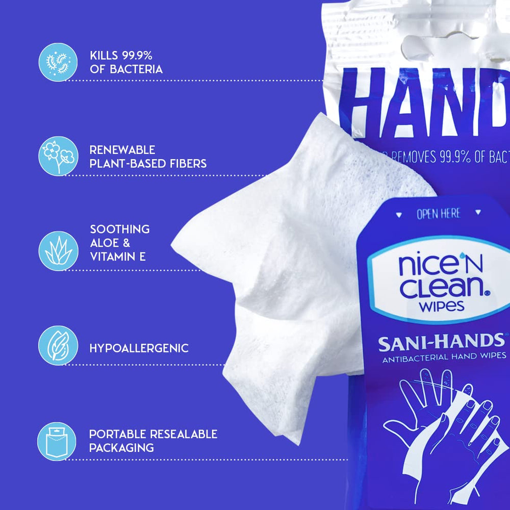 Hypoallergenic wipes shown for quick hand cleanups.