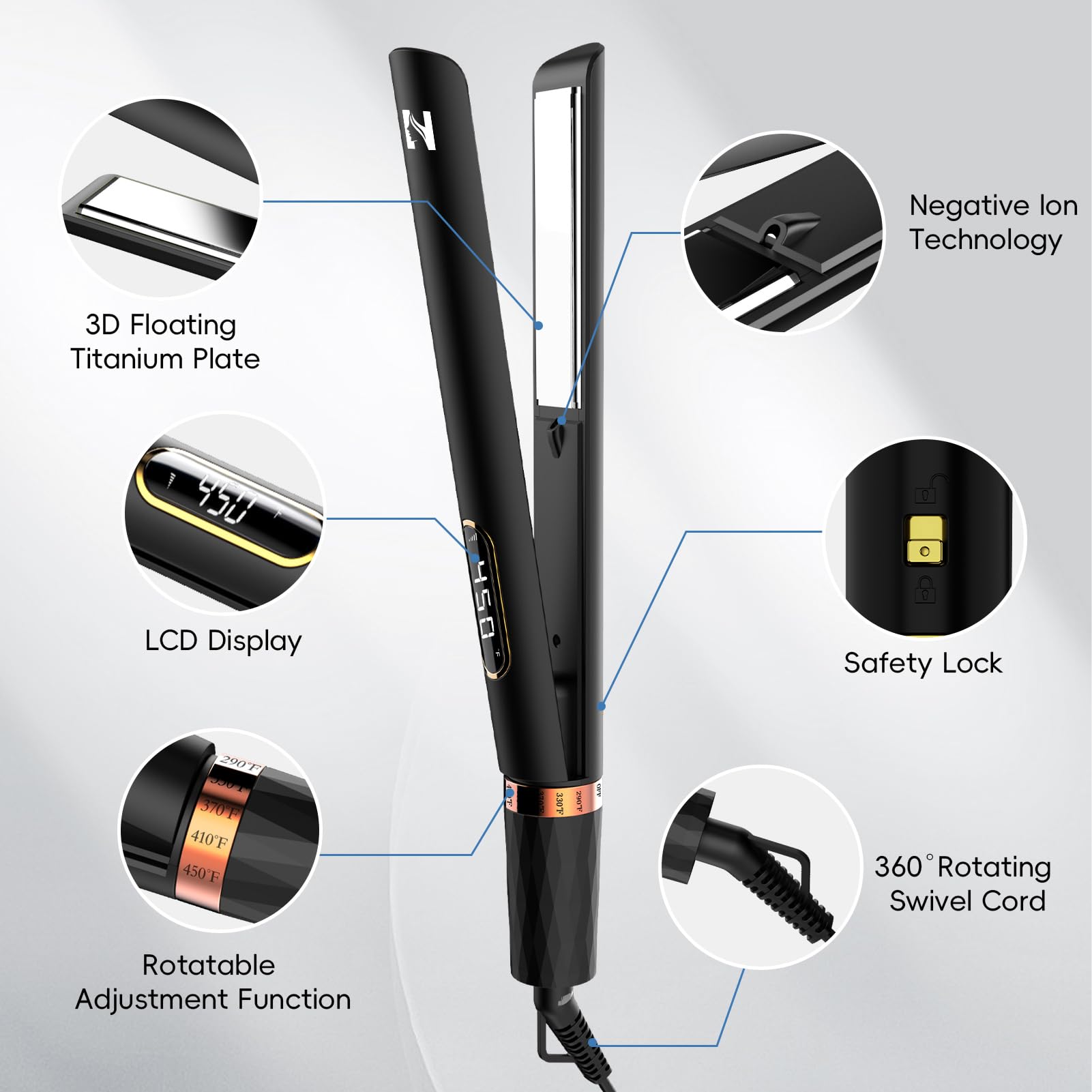Nicebay titanium flat iron with LCD display for precise heat control.