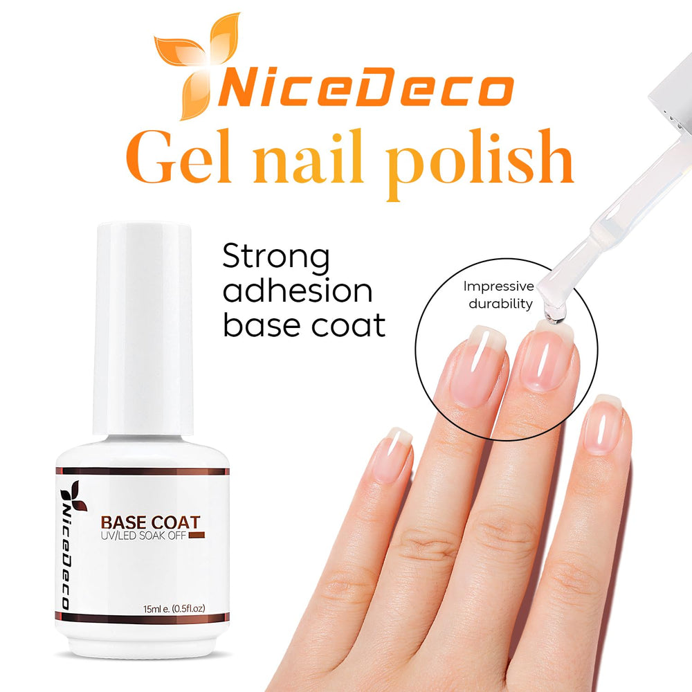 Nicedeco base and top coat set laid flat for a salon-style manicure at home.