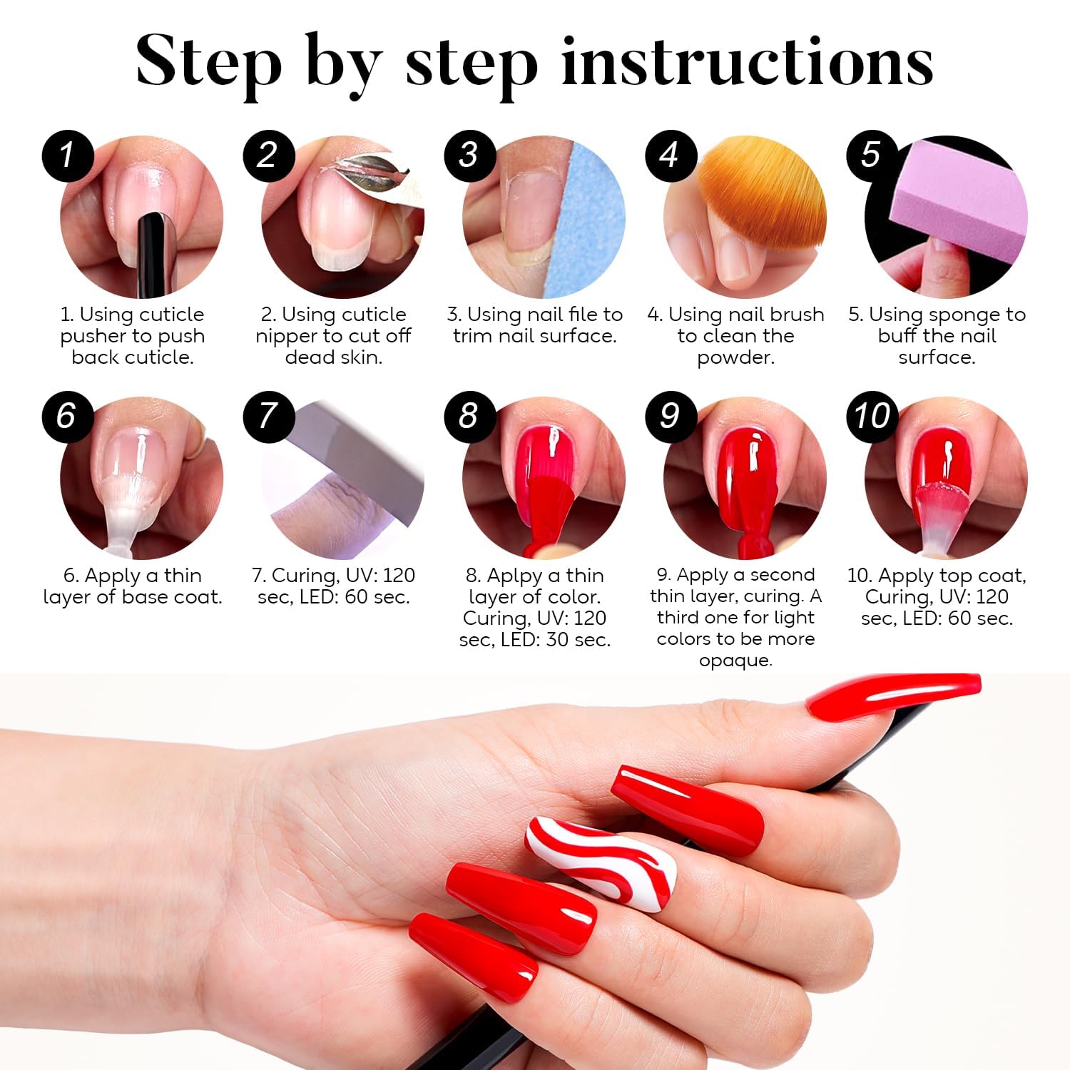 Nicedeco finished nails with high-gloss shine and durable wear.
