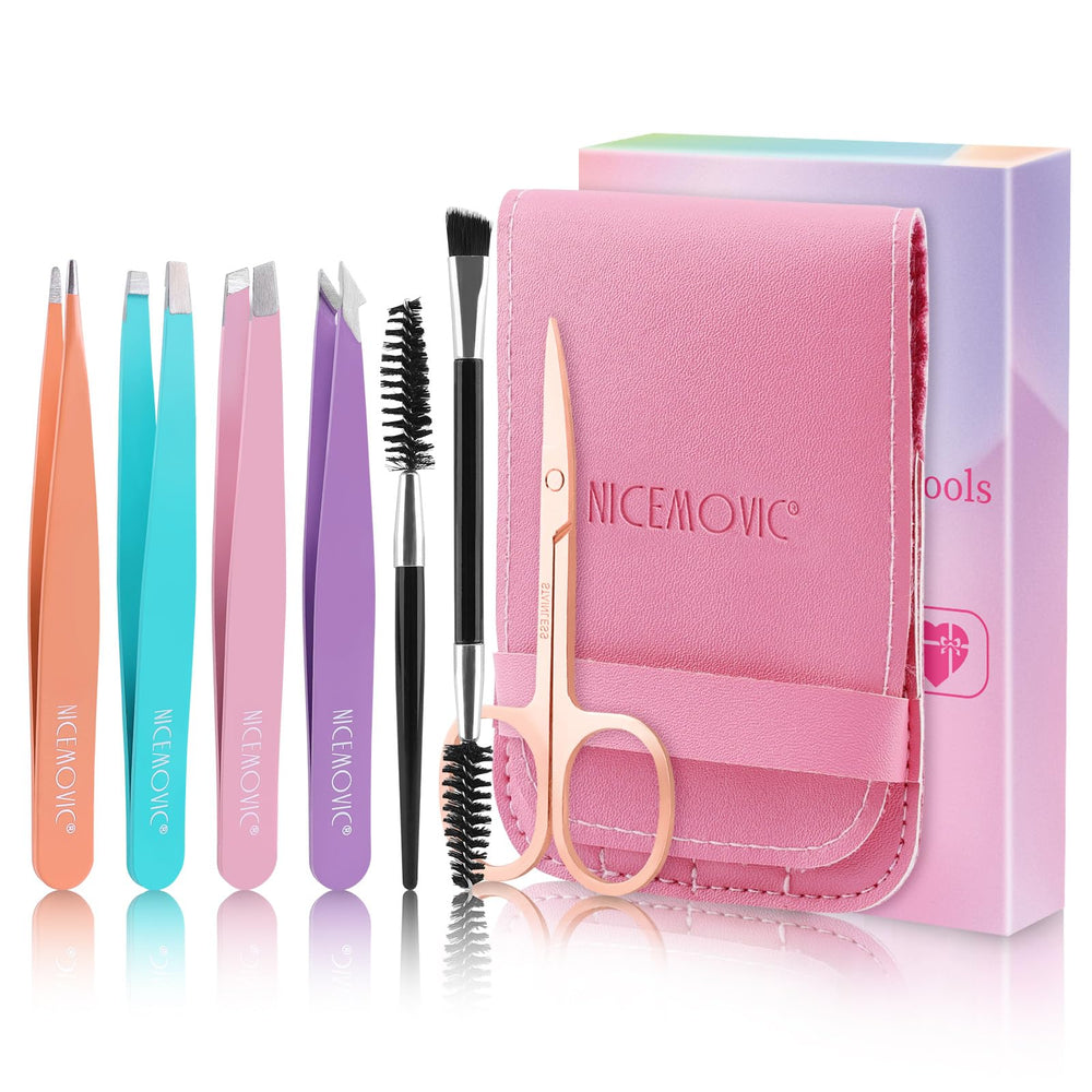NICEMOVIC 7 Pcs Tweezers Set in pink case for travel grooming on the go