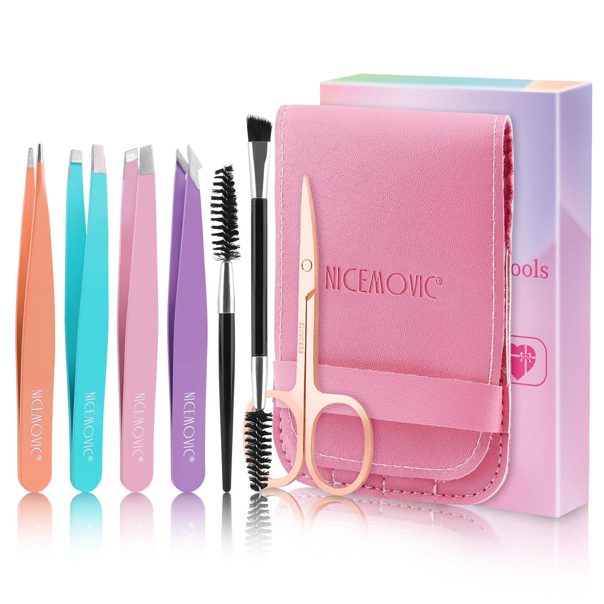 NICEMOVIC 7 Pcs Tweezers Set in pink case for travel grooming on the go