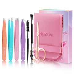 NICEMOVIC 7 Pcs Tweezers Set in pink case for travel grooming on the go