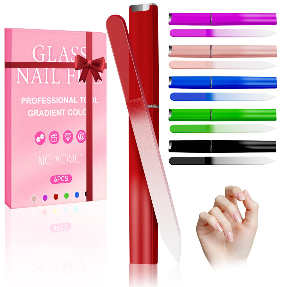 NICEMOVIC glass nail file 6-pack in case for organized storage and self-care rituals.