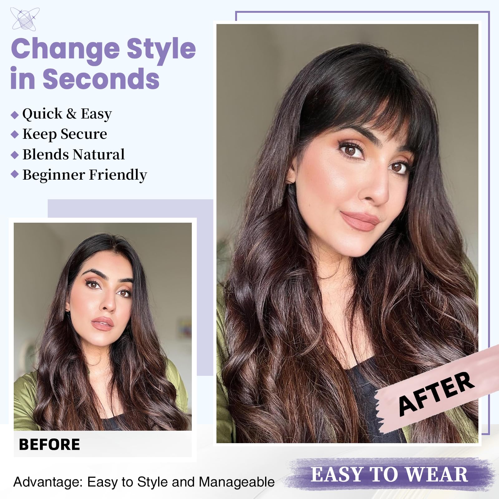 Niceone Hair heat-friendly bangs; style with low heat tools