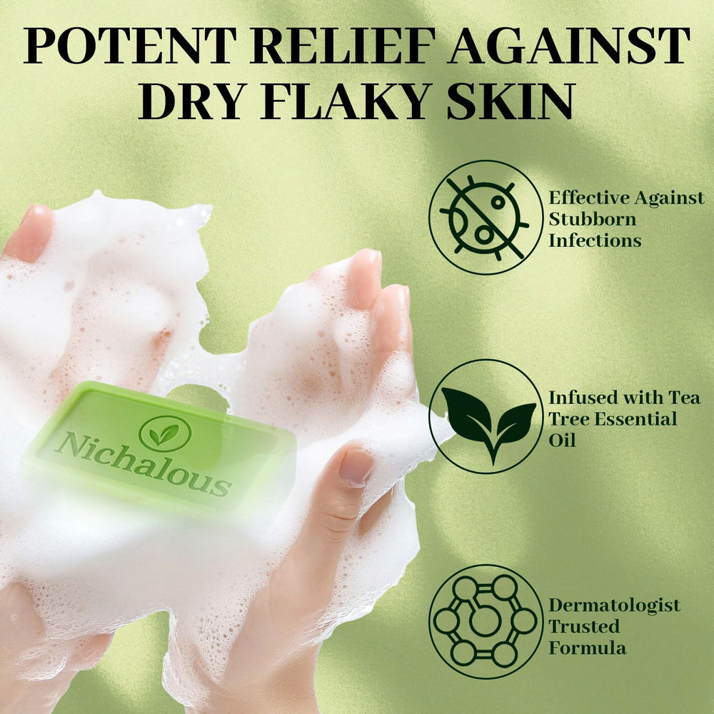 Closeup of Nichalous Tea Tree Soap bar highlighting tea tree and coconut oil ingredients for skin care.