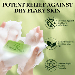 Closeup of Nichalous Tea Tree Soap bar highlighting tea tree and coconut oil ingredients for skin care.