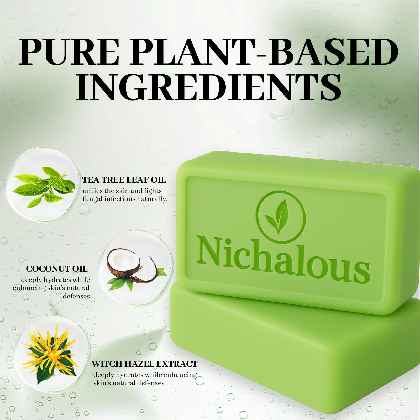 Product packaging of Nichalous Tea Tree Soap highlighting vegan formula.