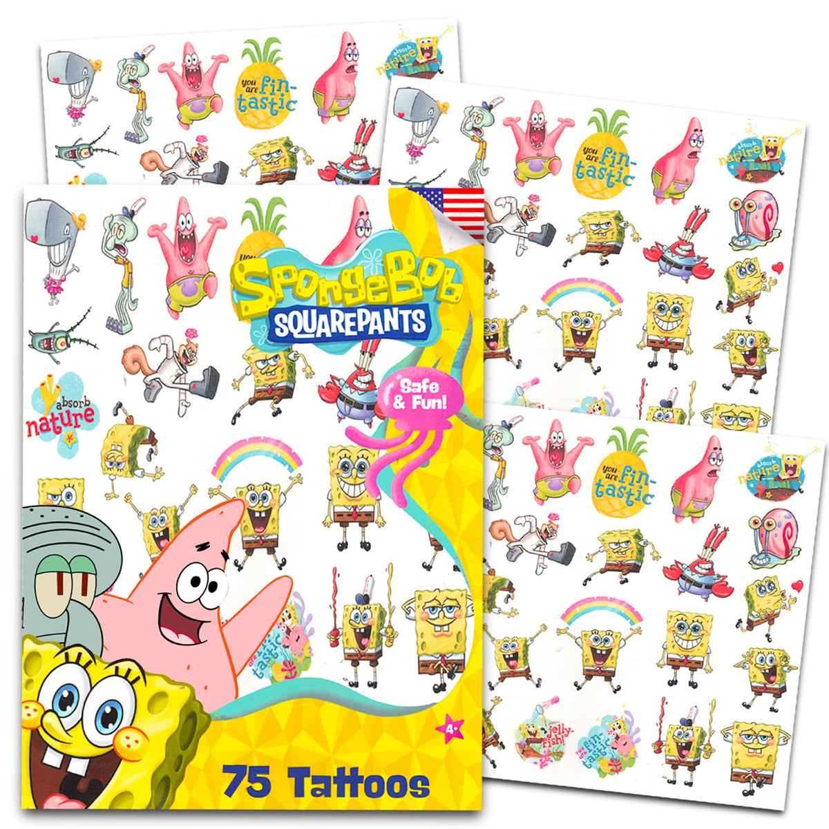 Tatuajes temporales de Nickelodeon Spongebob en hoja 1, ideales para fiestas infantiles