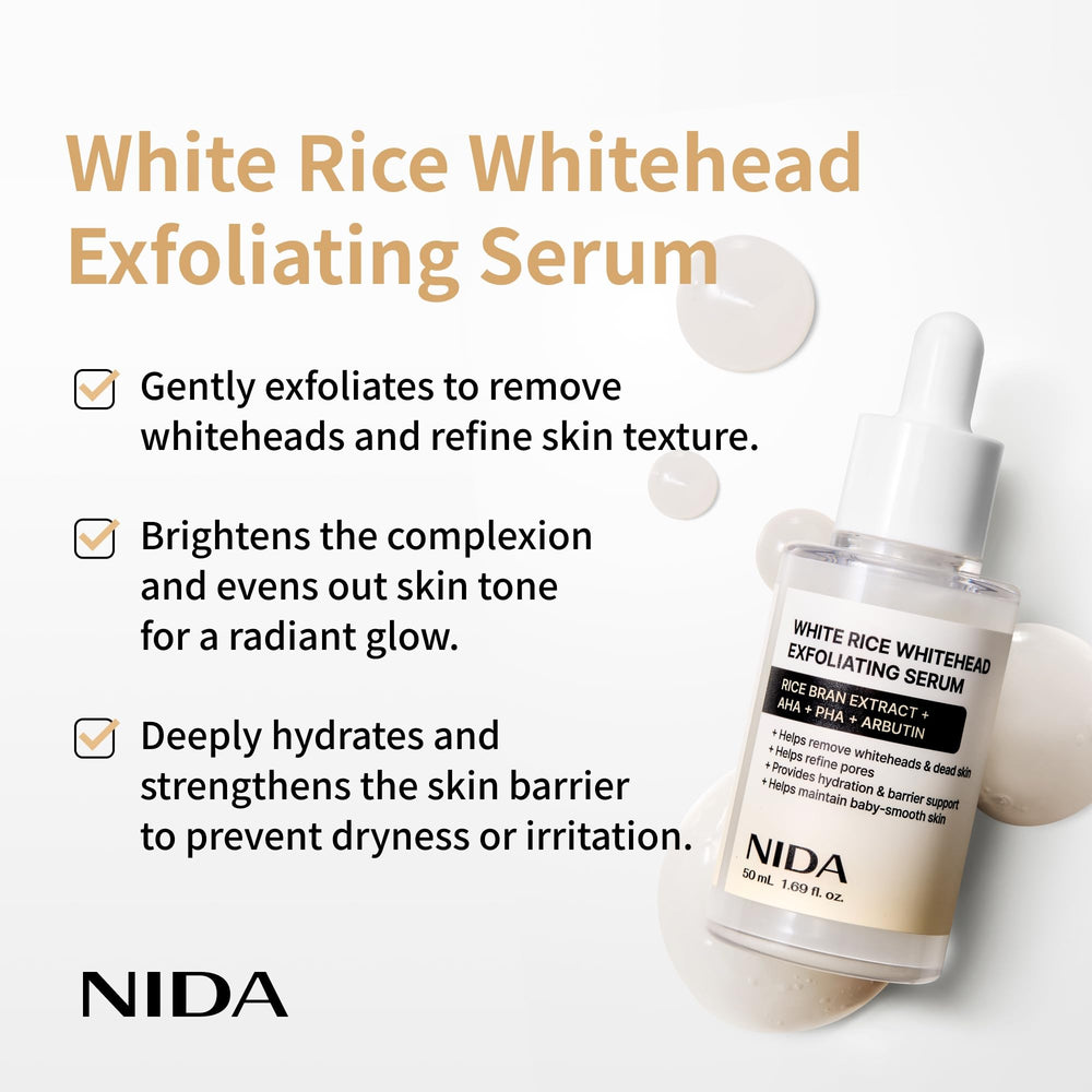 NIDA Arroz Blanco suero exfoliante, aplicación con dedo, aporta hidratación ligera y brillo natural.