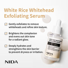 NIDA Arroz Blanco suero exfoliante, aplicación con dedo, aporta hidratación ligera y brillo natural.