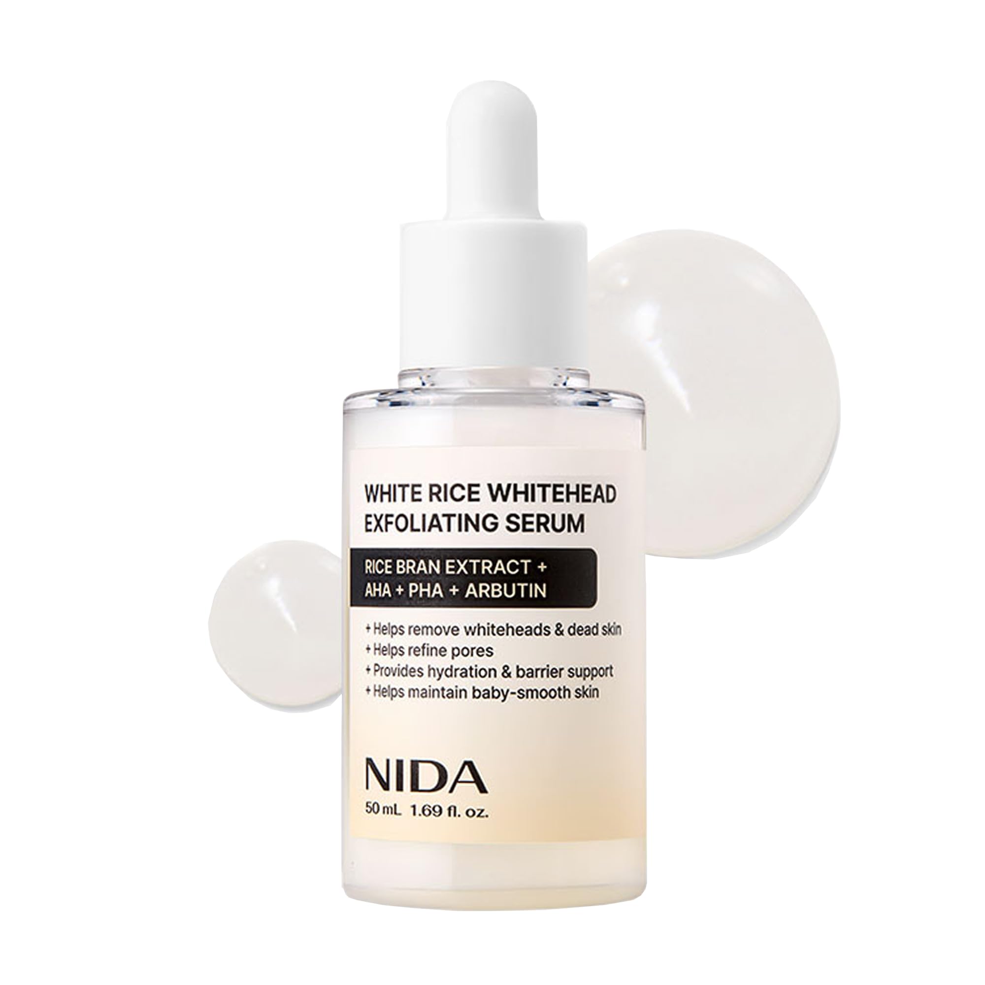 NIDA Arroz Blanco suero exfoliante, botella, exfoliación suave para piel radiante.