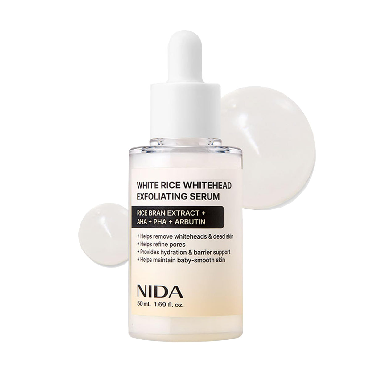 NIDA Arroz Blanco suero exfoliante, botella, exfoliación suave para piel radiante.