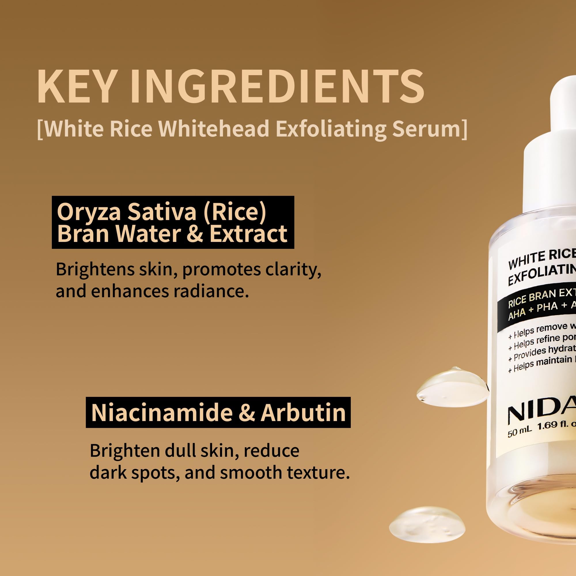 NIDA Arroz Blanco suero exfoliante, contiene niacinamida y arbutina para textura más uniforme.