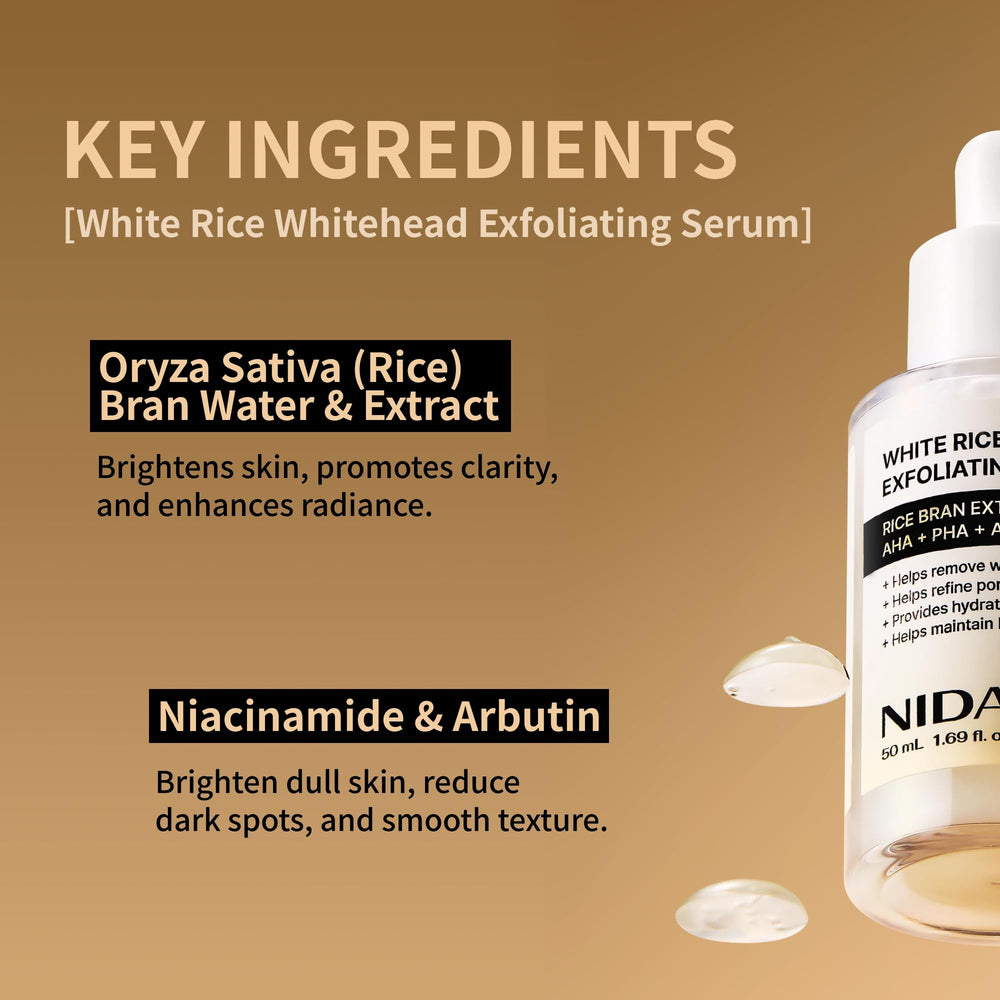 NIDA Arroz Blanco suero exfoliante, contiene niacinamida y arbutina para textura más uniforme.