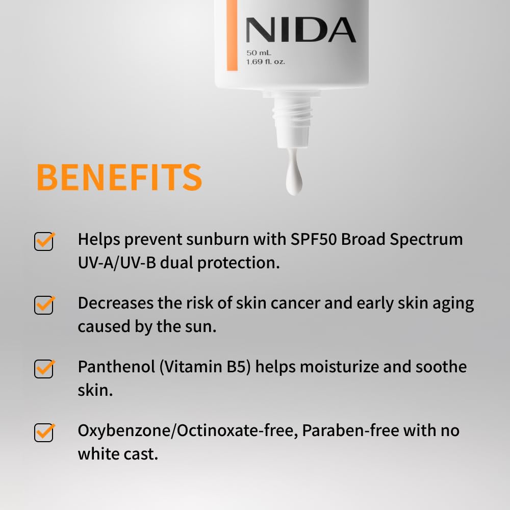 NIDA Invisible Fit protector solar, aplicación suave sin residuo blanco en cualquier tono de piel.