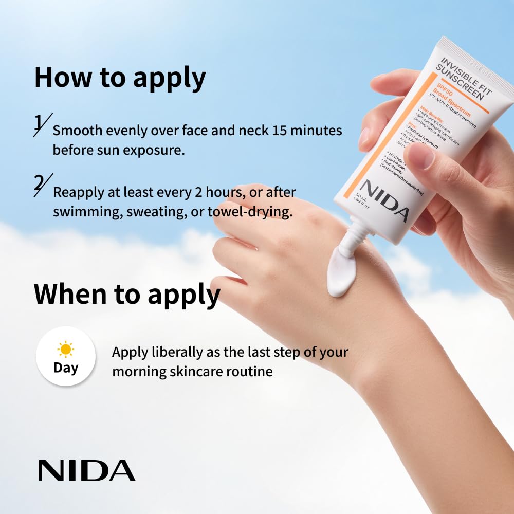 NIDA Invisible Fit protector solar, hidratación duradera gracias a Panthenol y Vitamina E.