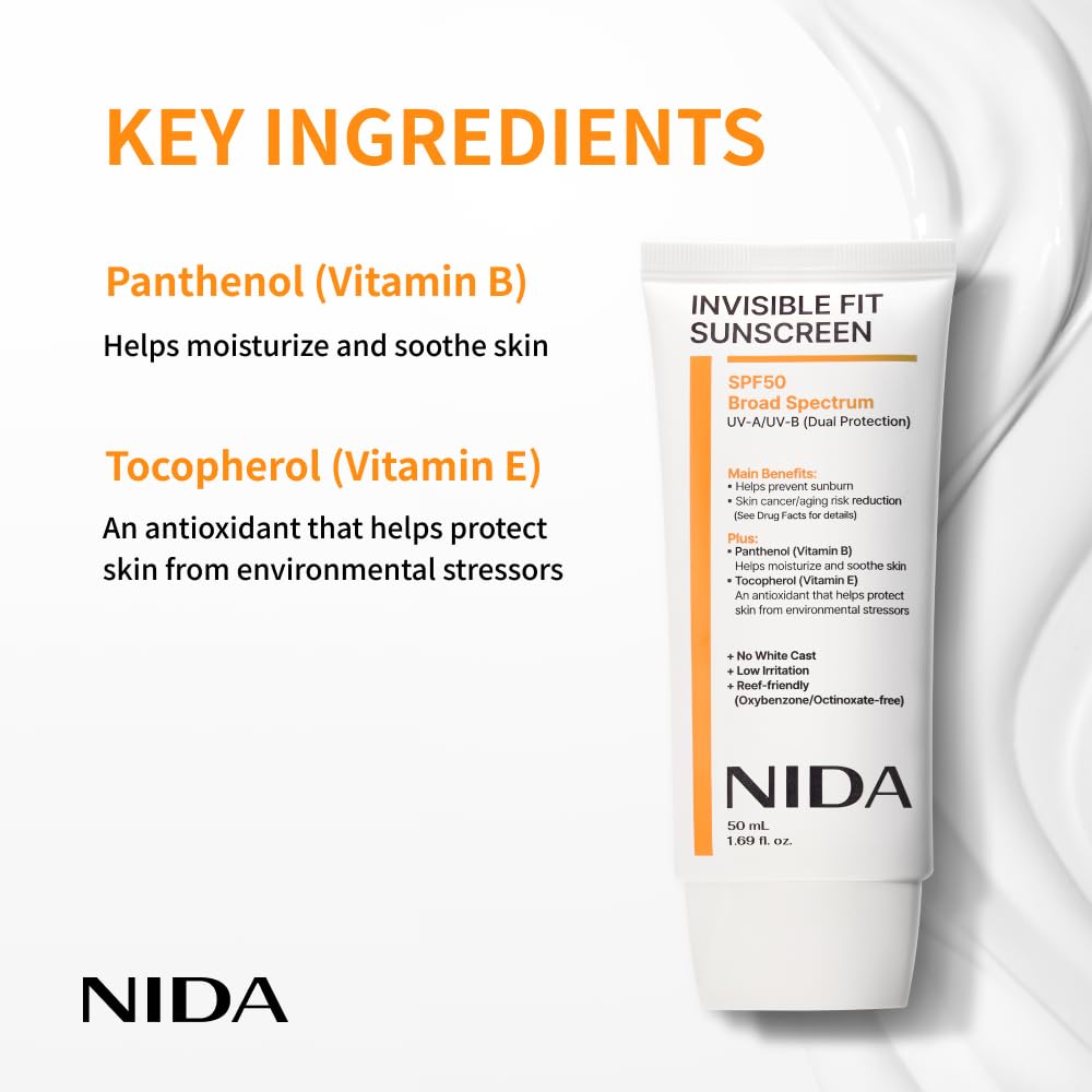 NIDA Invisible Fit protector solar, acabado transparente que evita marcas blanquecinas en la piel.