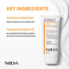 NIDA Invisible Fit protector solar, acabado transparente que evita marcas blanquecinas en la piel.