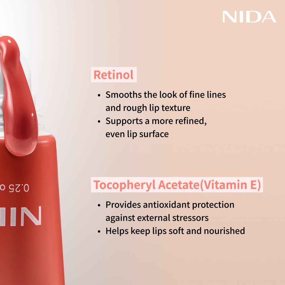 NIDA Sérum Labial Retinol, brillo translúcido para acabado limpio.