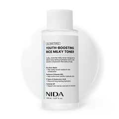 NIDA Tónico Lechoso de Arroz en botella para hidratación suave y refrescante.