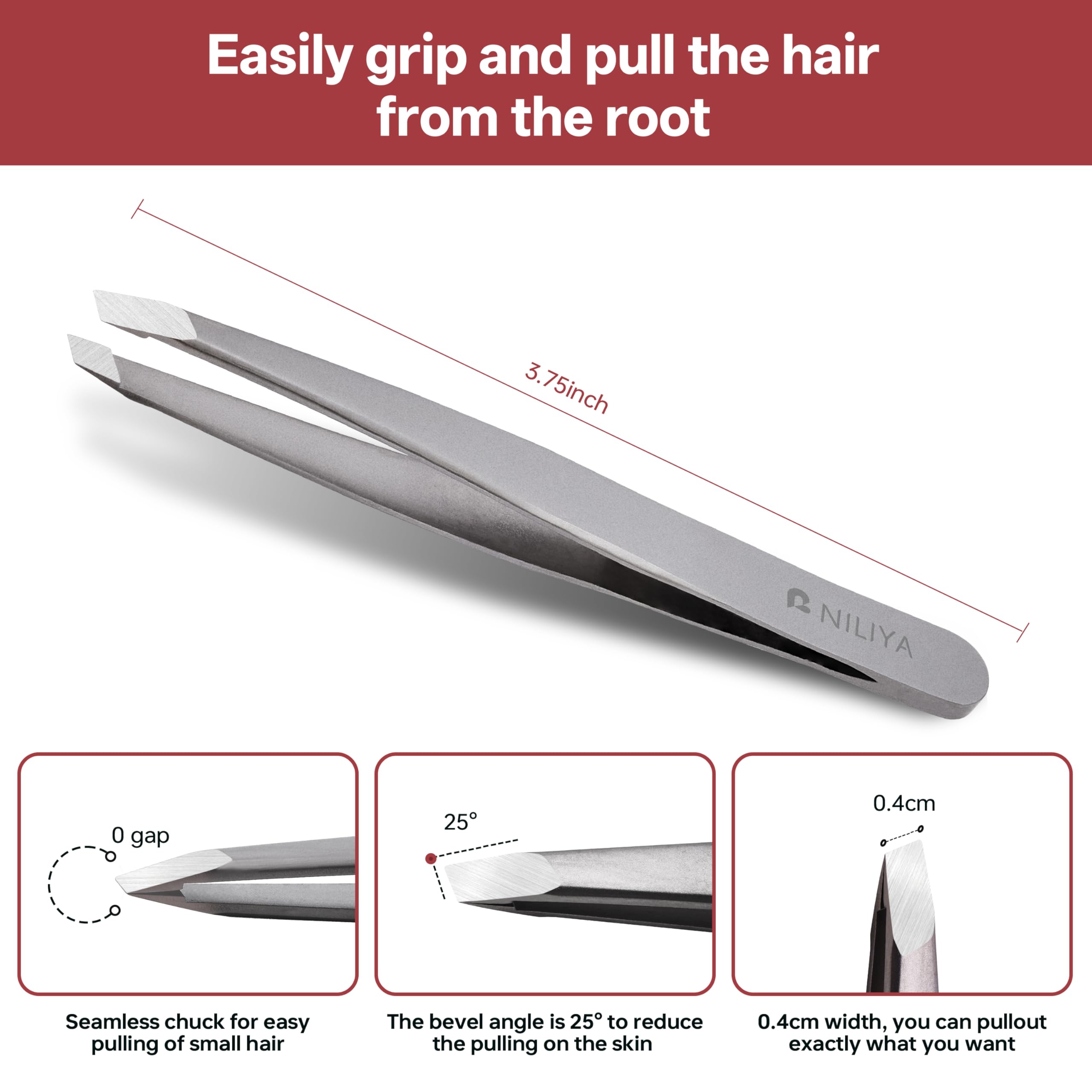NILIYA Eyebrow Tweezers with slanted edge for better visibility and control during shaping.