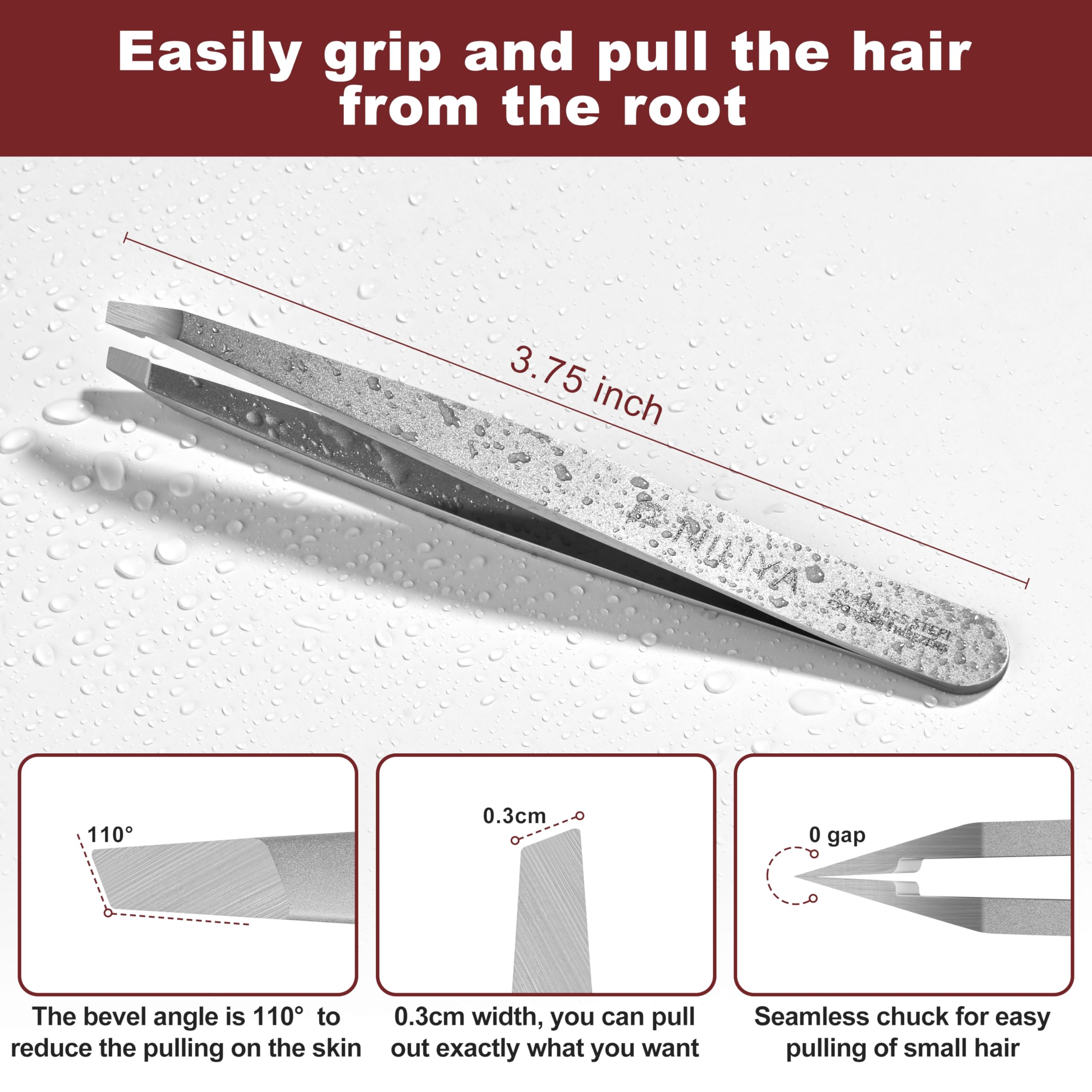 NILIYA Eyebrow Tweezers in stainless steel construction for durable, rust-resistant use.
