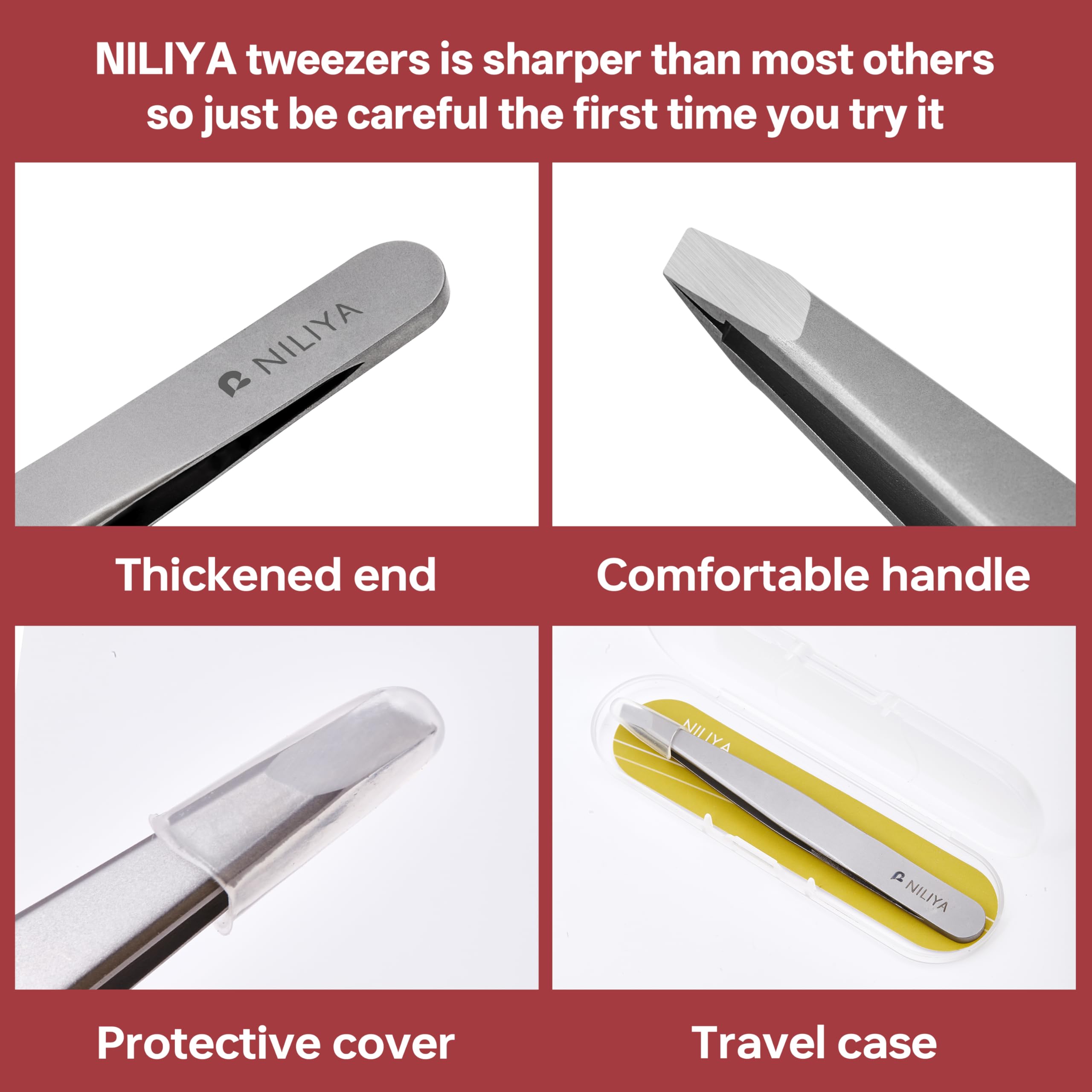 NILIYA Eyebrow Tweezers with protective travel case for clean storage on the go.
