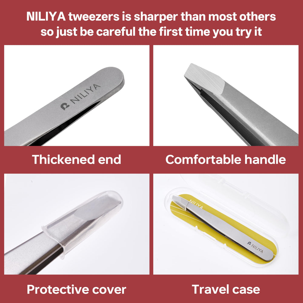 NILIYA Eyebrow Tweezers with protective travel case for clean storage on the go.