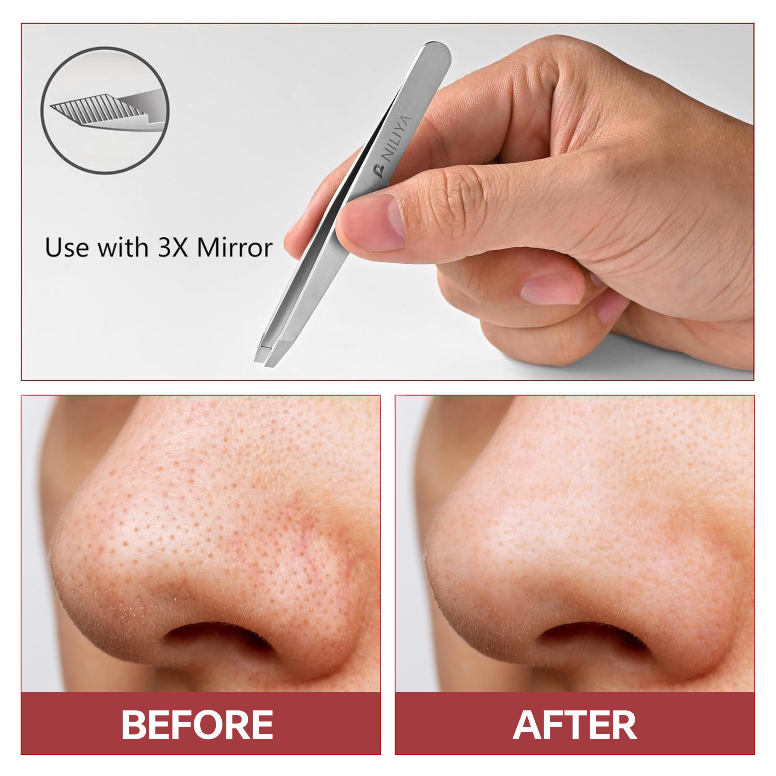 NILIYA Eyebrow Tweezers two-in-one design for brows and blackhead removal.