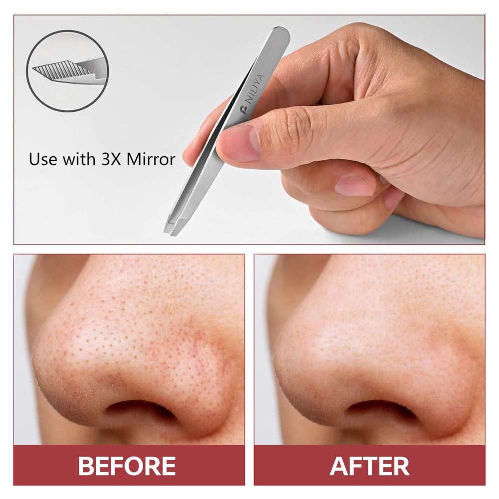 NILIYA Eyebrow Tweezers two-in-one design for brows and blackhead removal.